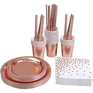 KAHEIGN 146Pcs Rose Gold Party Servies, Wegwerp Folie Papier Borden Servetten Cups Rietjes voor Bruiloften, Verjaardag…