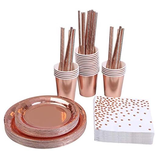 KAHEIGN 146 Piezas Oro Rosa Vajilla De Fiesta Desechable Papel Aluminio Platos Servilletas Tazas Pajitas Para Bodas, Aniversario, Cumpleaños Para 24 Invitados