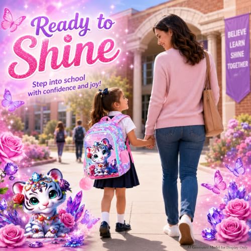 Image of 16 inch Girls Backpack, 16 inch Kids Bookbag with Lunch Box，Tiger School Backpacks for Elementary Preschool Kindergarten (Pink)