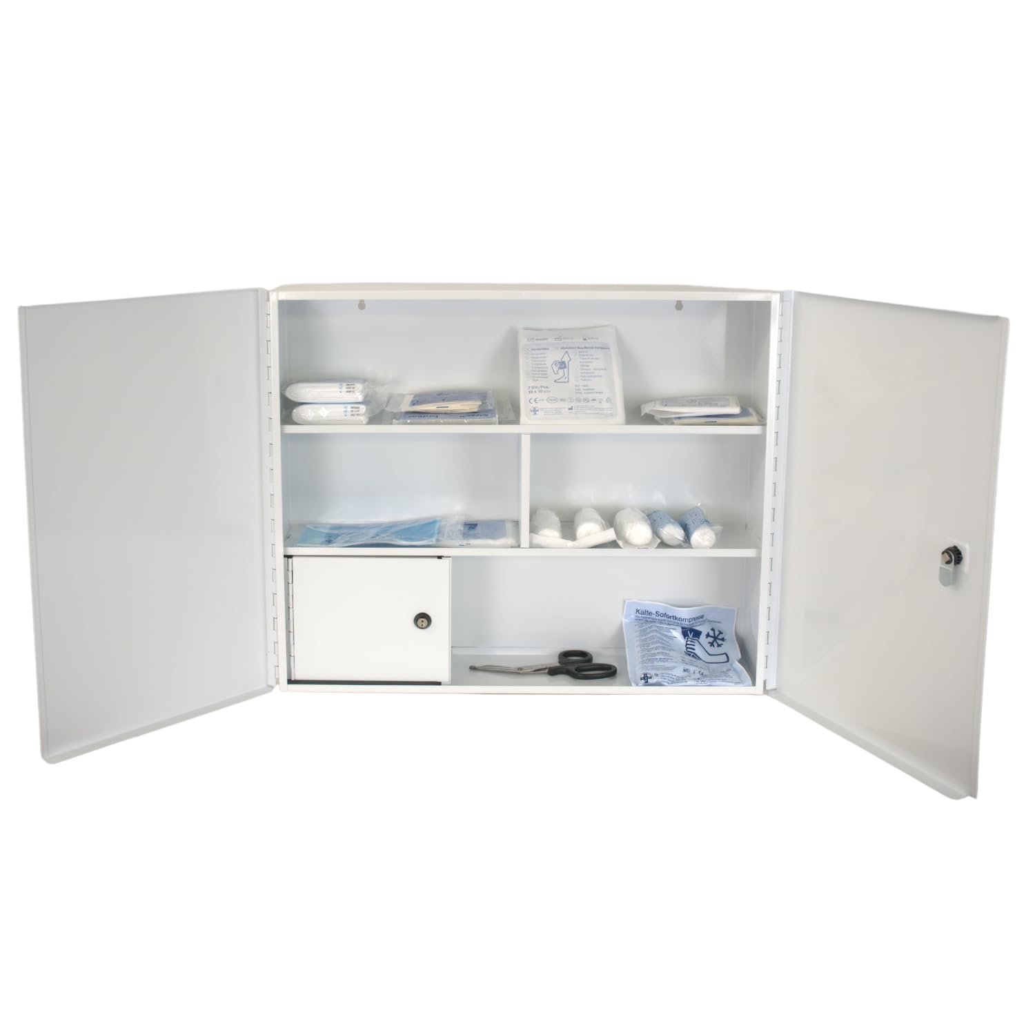 Erste Hilfe Verbandschrank DIN 13169:2021, Medizinschrank mit 3 Fächern (zweitürig) + abschließbares Medikamentenfach & Sicherheitsschloss – aus Metall, 60 x 50 x 13 cm – groß, robust - zum Aufhängen