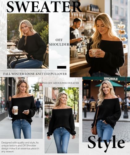 Image of MARZXIN Women's 2026 Fall Long Sleeve Sweaters Casual Loose Striped Off Shoulder Casual Oversized Knitted Sweater Pullovers