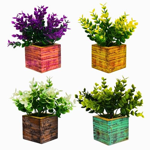 Image of DecoreBugs Artificial Mini Plant (4 Pack)| Small Artificial Faux Plants Home & Office Decor, Living Room, Bedroom, Tabletop & Shelves | Small Potted Plants | Stylish Wood Pot