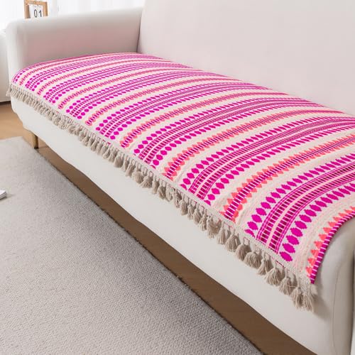 Image of HOKIPO 'Artisan Boho Series' Sofa Cover Mat with Tassel for 3 Seater Sofa | 450 GSM Thick Cotton Acrylic Jacquard Fabric, Fuchsia Pink (IN-904-A5*S)