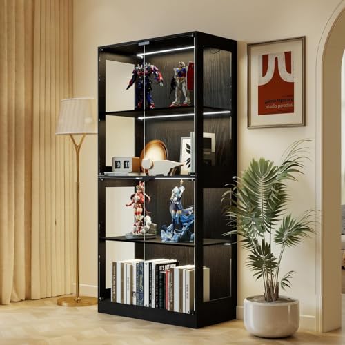 YU YUSING Vitrine en Verre avec Lumière Intelligente LED pour Collection, Armoire de Vitrine Moderne avec 4 Étagères, Bibliothèque, Mangathèque, Rangement Chambre Salon Cuisine, 80 × 35 × 165 cm, Noir