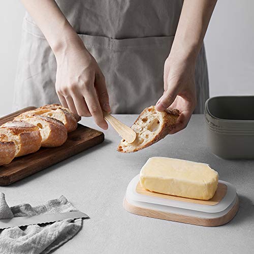 Dowan Porcelain Butter Dish, Extra Large Butter Dish With Cover, Airtight Butter Dish With Wooden Lid, Farmhouse Butter Container For East West Coast Butter, Freezer Safe, Grey #TOP4