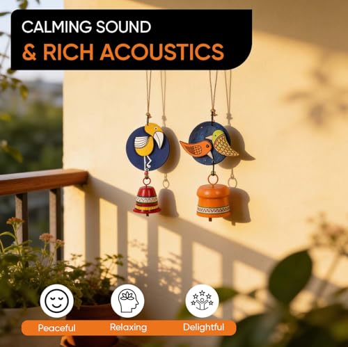 Image of Aakriti Art Creations Chirping Melody Bird Wind Chime Set | Handmade Modern Art Wooden & Metal Wind Chimes | Decorative Indoor & Outdoor Hanging for Balcony, Garden, Living Room & Gifting