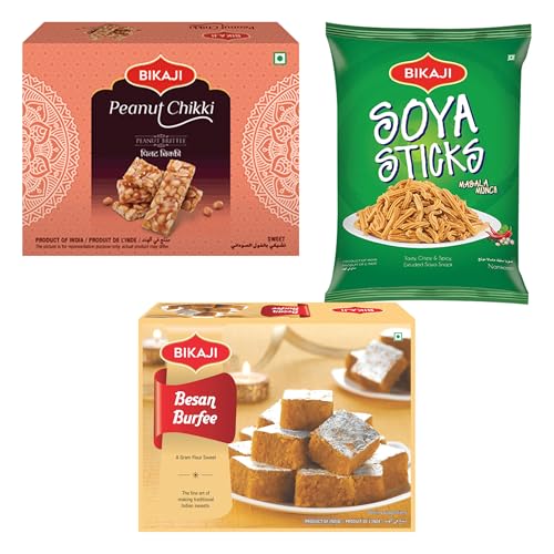 Bikaji Besan Burfi, Peanut Chikki & Masala Soya Sticks Combo | Ready to Eat Indian Namkeen | Sweet & Spicy Crunchy Tea-Time Snack| Authentic Indian Snack and Sweet