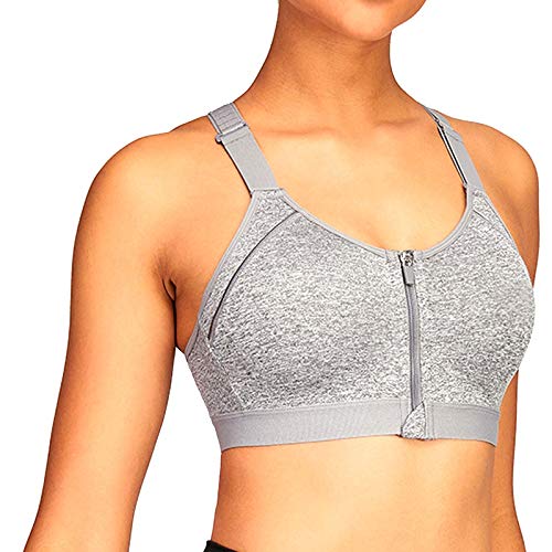 Rocorose Damen Reißverschluss vorne Verschluss Sport BH Unterstützung Verstellbare Träger Wireless Racerback Workout Active Yoga BHs, grau, XXX-Large Cover