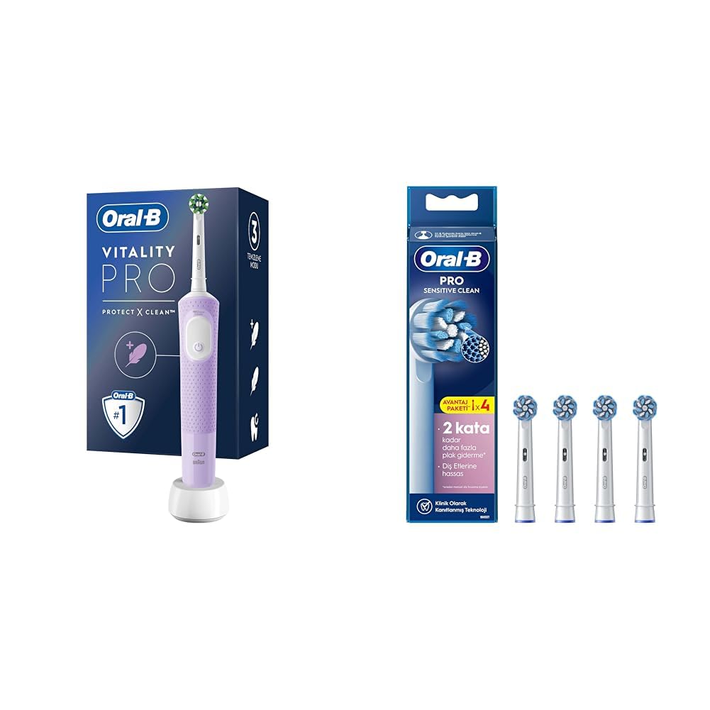 Oral-B Şarjlı/Elektrikli Diş Fırçası Vitality Pro Lila Koruma ve Temizlik + Oral-B Sensitive X-Filament Şarjlı Diş Fırçası Yedek Başlığı 4 Adet