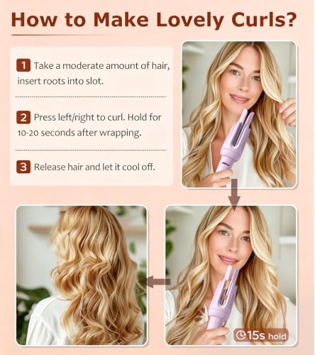 Image of Auto Hair Curler, Automatic Curling Iron Wand with 4 Temperatures & 3 Timers & LCD Display (Purple)