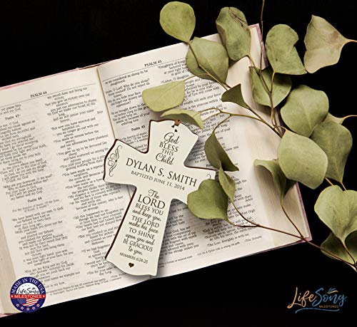 Image of LifeSong Milestones Personalized Baptism 1st Holy Communion Christening Custom Wall Cross Decoration God Bless This Child The Lord Bless You and Keeps You (4.5 inch X 6 inch, White)