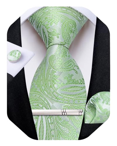 Image of DiBanGu Paisley Ties for Men Silk Necktie and Pocket Square Cufflinks Tie Clip Set Woven Classic Mens Tie for Wedding Party