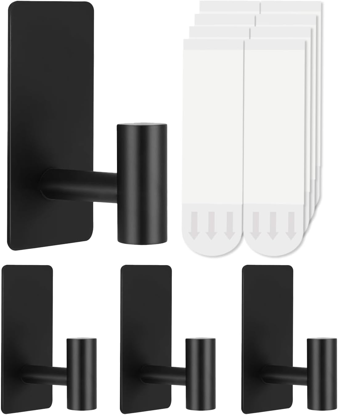 4 Pcs Towel Hooks Heavy Duty for Hanging，Adhesive Wall Hooks with Removable Strips，Sticky No Damage，Outdoor for Bathrooms，Shower，Stockings，Decor，Robe，Large，Black 304 Stainless Steel