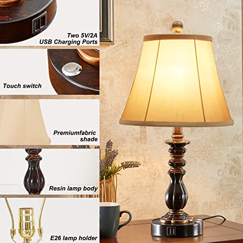 Set Of 2 Touch Farmhouse Table Lamps For Bedrooms, 3 Way Dimmable Vintage Bedside Lamp With 2 Usb Ports, Rustic Nightstand Lamp For Living Room End Tables Cabin, Brown Finish, 2 Led Bulbs Included #TOP1