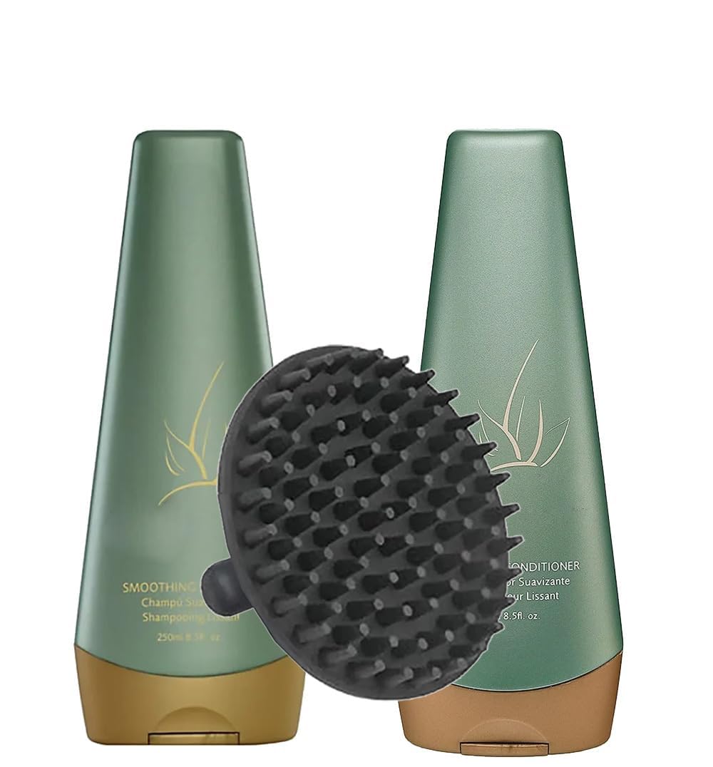 Agave Smoothing Shampoo and Conditioner 8.5 Ounce Duo and M Hair Designs Scalp Massager Shampoo Brush (Bundle)