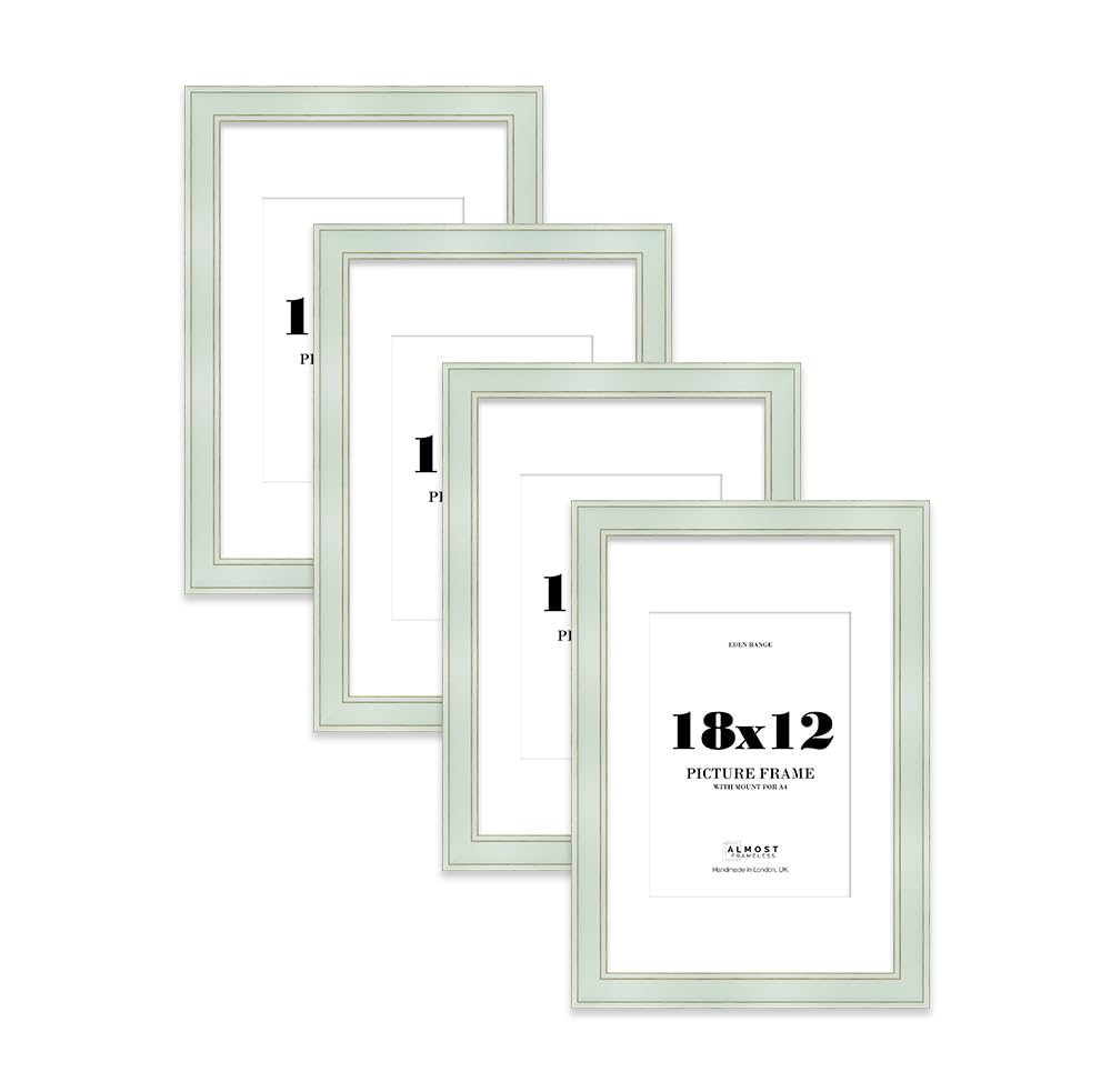 18x12" Sage Green Picture Frame with A4 Mount - Shabby Chic Photo Frame with Distressed Finish, Gold Trim, Wall Hooks, 37mm Edge - 4 Pack