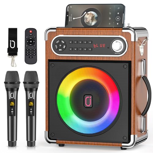 Image of JYX Portable Bluetooth Karaoke Speaker with 2 Wireless Mics, 10Hrs Playtime, RGB Lights, PA System for Adults & Kids, Supports USB /TF /FM /Type-C /AUX, for Home Party, Outdoor & DJ Use (Wood)