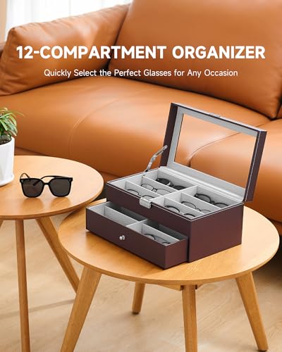 Image of CO-Z Sunglasses Organizer with 12 Slots, Leather Eyeglasses Storage Box for Women Men, 2 Story Lockable Display Case for Multiple Glasses, Sunglasses Jewelry Collection Holder with Drawer, Brown