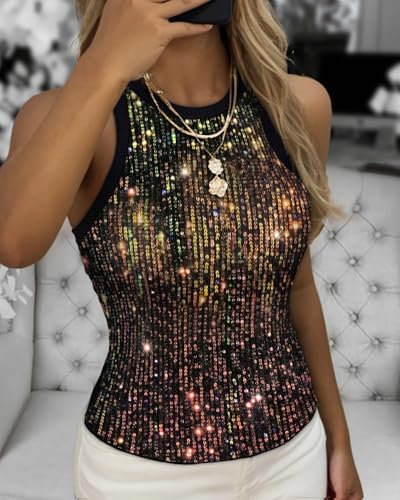 Women's Sequin Tank Top Sparkle Glitter Summer Sleeveless Blouse Crew Neck Slim Fit Club Party Vest4