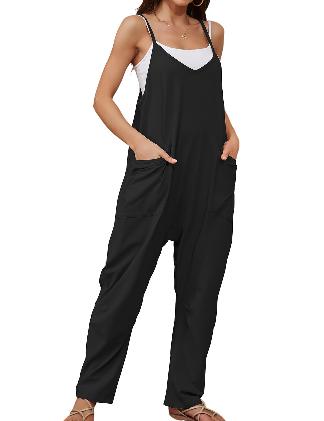 Voqeen Mujer Mono de Verano Peto Largo Suelto con Bolsillo Pierna Ancha Jumpsuit Casual Frescos Pantalones Color Sólido Overol con Tirantes Ajustable