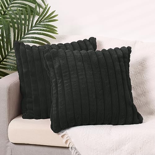 Uxcell 2 Pcs Double-Sided Plush Faux Fur Throw Pillow Covers Soft Fluffy Striped Pillow Covers for Home Decor Black 45 x 45 cm - Image 2