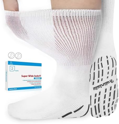 Bulinlulu Extra Width Socks for Swollen Feet-2 Pairs Super Wide Diabetic Edema Sock, Bariatric Socks, Non Slip Cast Sock, Hospital Socks with Grips for Men,Extra Wide Lymphedema Socks-2 White