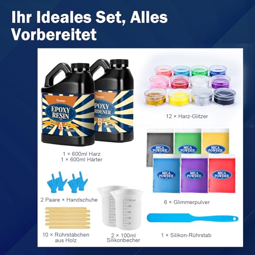 Teexpert Epoxidharz Set 1,2L, Klares Epoxidharz mit Härter mit 6 Mica-Pulver & 12 Harz Glitzern, Hochglanz Epoxy Resin Gießharz Expoditharz 1:1 Blasenfrei zum Schmuckherstellung, Harz Formen