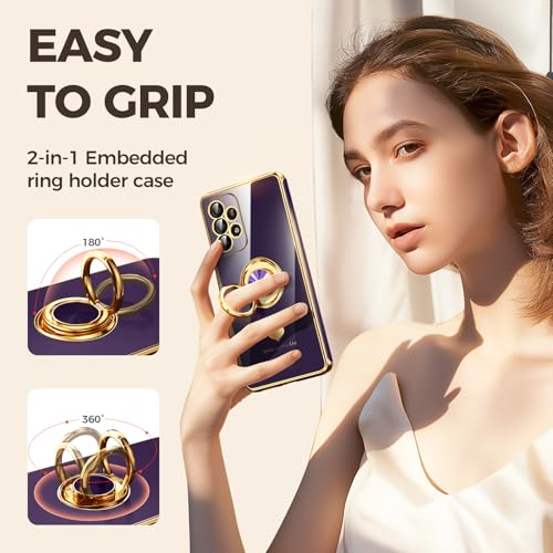 Nonional for Samsung Galaxy A53 5G Case with 2 Pack Screen Protector, 360° Rotatable Ring Holder [Luxury Hearts Pattern] Plating Gold Edge Slim Soft Phone Cover Case for Galaxy A53 - Purple