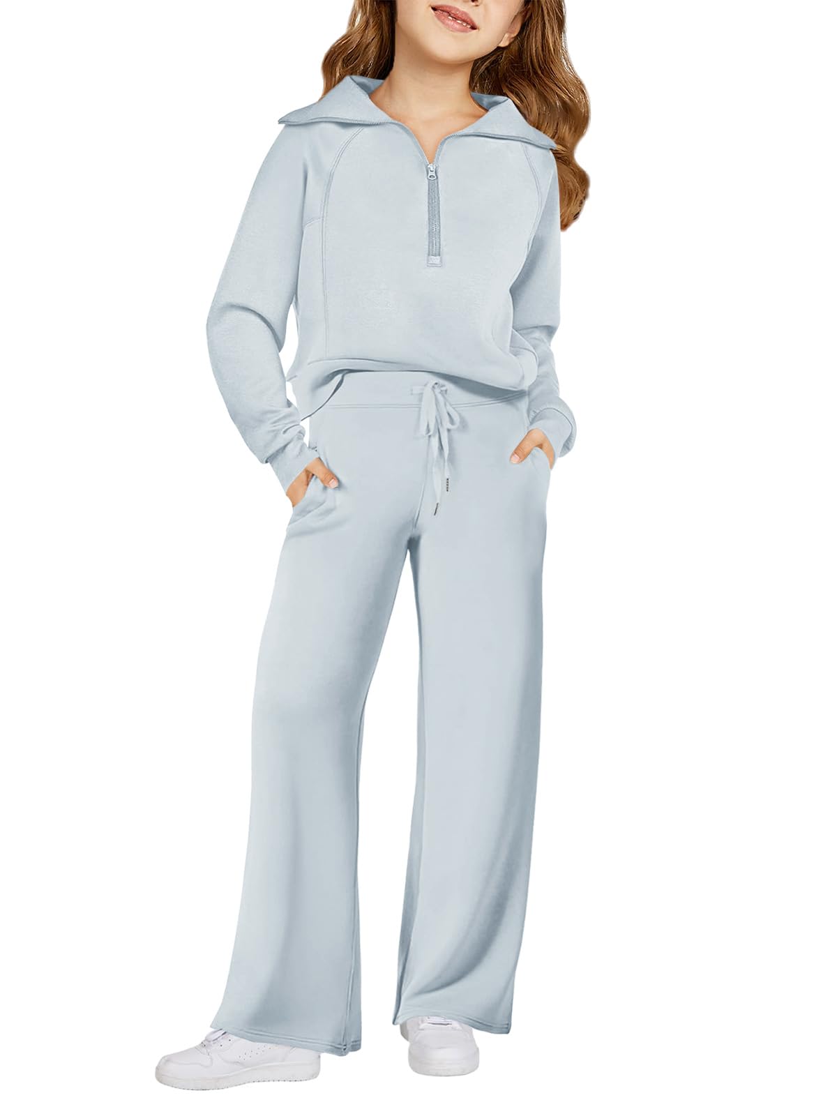 Haloumoning 2-teiliges Mädchen-Outfits, Sweatanzug, halber Reißverschluss, langärmelig, Sweatpants, Trainingsanzug-Set, 5–14 Jahre | Halber Reißverschluss, Taillen-Kordelzug, Mädchen-Trainingsanzug