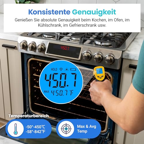 Etekcity Infrarot-Thermometer, Temperaturmessgerät -50°C bis +450°C - digital Laser Infrarot Thermometer für Küche, Pizzaofen, Grill, Backen - Nicht für Menschen - Gelb/Schwarz