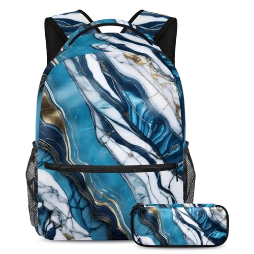 Sac à dos de jour ergonomique marbre bleu, lot de 2 cartables pour adolescents actifs