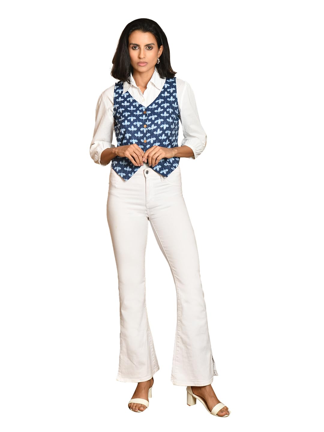 Women's Printed Cotton Sleeveless Ethnic Jacket | V-Neck Front Button Short Jacket for Women | Casual Summer Layer | Asymmetrical Hem