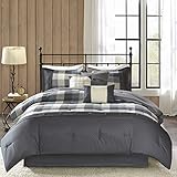 Madison Park Ridge Comforter Set-Cabin Lodge Plaid Herringbone Design All Season Down Alternative Cozy Bedding with Matching Bedskirt, Shams, Decorative Pillow, Queen(90'x90'), Grey 7 Piece