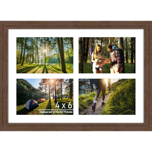 Lacopgr 4"x6" Photo Collage Frame 4 Openings, Brown Wood Frame, White Mat