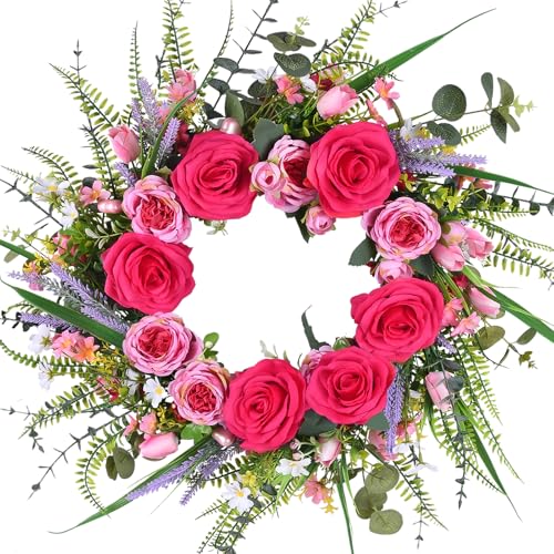 GYWJJ 22 Inch Valentines Day Wreaths for Front Door Pink Peony Wreath with Roses Tulips Daisies Valentine Door Decorations for Home Wall Wedding Holiday Party Anniversary
