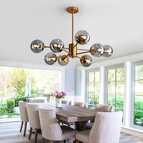 Image of 8 Light Chandelier Mid Century Glass Globe Sputnik Pendant Light Fixture Gold Ceiling Light for Living Room Kitchen Dining Room Bedroom Farmhouse.