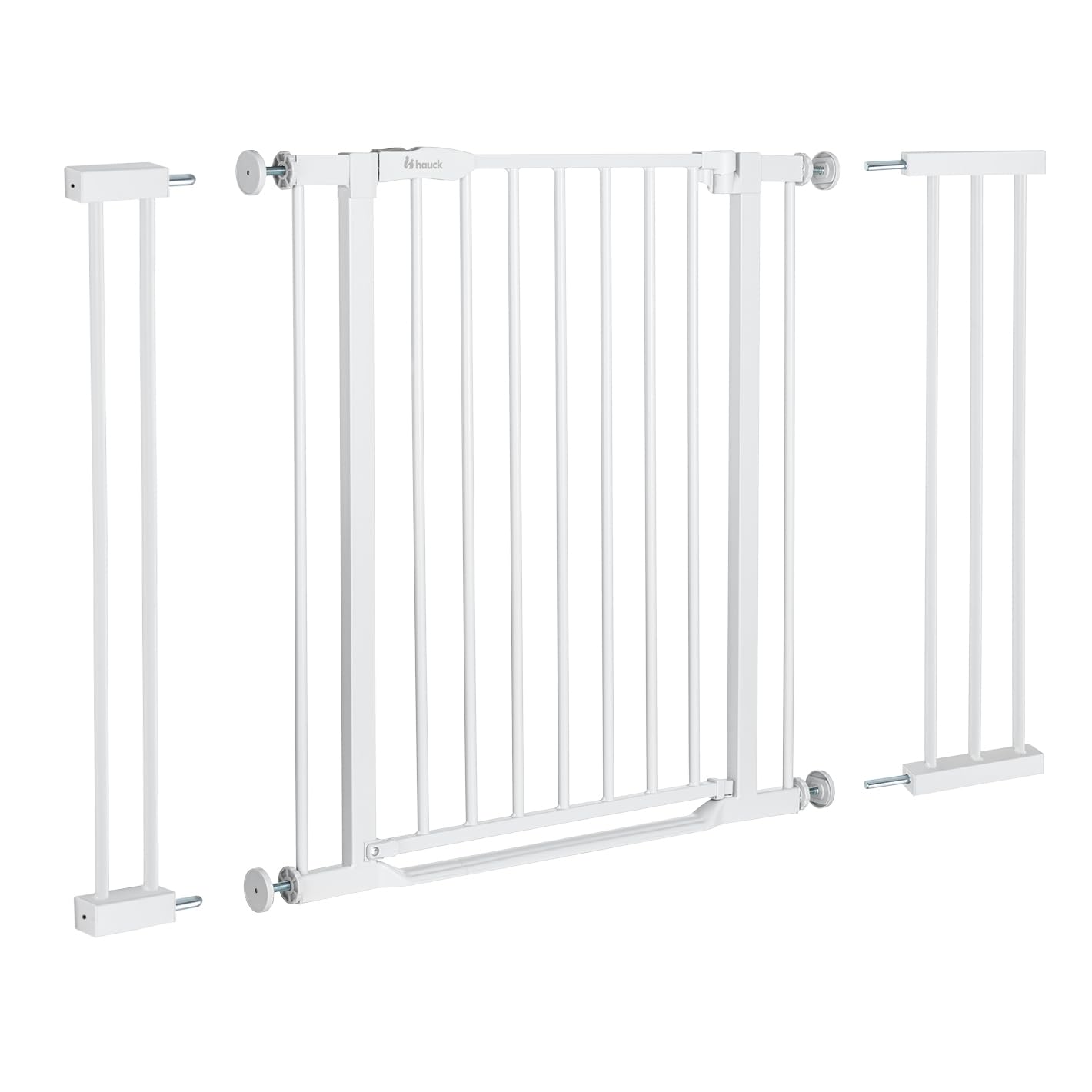 hauck Clear Step 2 + 1x9 cm +1x21cm Verlängerung, Weiß - Kinderschutzgitter Hundegitter, Verstellbare Breite 105-110 cm, 77 cm Hoch, Flacher Einstieg, Einhand Öffnung, ohne Bohren, für Innen