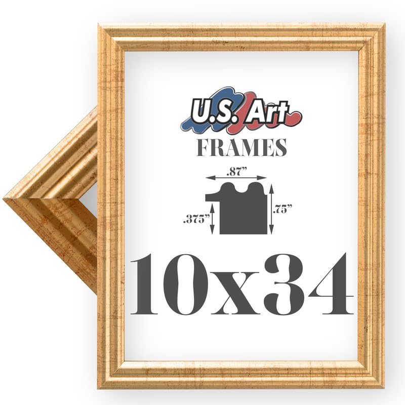 US Art 10x34 Antique Gold .75 Inch Wood Picture Frame, Solid Wood Wall Decor for Wall Art, Featuring Preinstalled Hangers, UV Filtering Shatterproof Plexiglass, 100% American Made Poster Frame