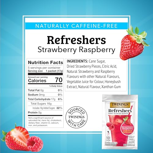 Image of NEW Twinings Strawberry Raspberry Refreshers, Herbal Tea Instant Beverage with Real Strawberry Fruit Bits, 5 Count (Pack of 2), Cafe Style, No Artificial Sweeteners, Naturally Caffeine-Free, 5 Packets