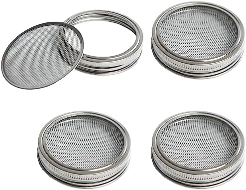 4 Pack Mesh Strainer Jar Stainless Steel Sprouting Jars Mason Wide Mouth Canning Lids for Growing Bean, Seeds and Salad