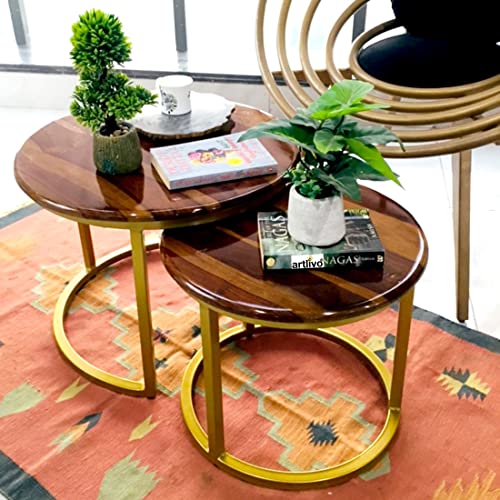 Image of Artlivo Solid Sheesham Wood Round Coffee Table - Set of 2 (22 /17 inch Dia) for Living|Drawing|Bedroom|Office|Balcony|Gift|Diwali|Wedding