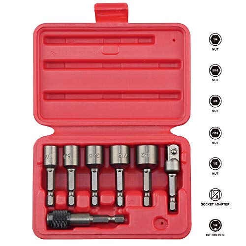 Kaifnt K453 Magnetic Power Nut Driver Bit Set With Socket Adapter And Extension, Quick-Change 1/4-Inch Hex Shank, Sae, 7-Piece #TOP2