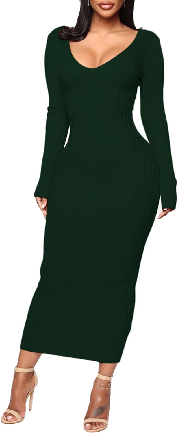 BestGirl Women's Sexy Ribbed Sweater Dresses Bodycon V Neck Off Shoulder Long Sleeve Lightweight Knit Midi Dress