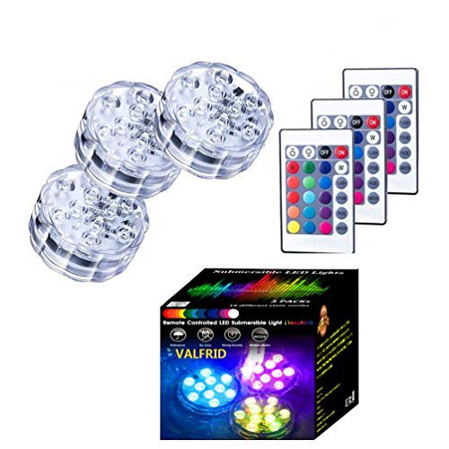 VALFRID Submersible LED Lights Upgraded Recycled,RGB 16 Colors Changing Party Lights Waterproof,4 Modes Lights Remote Controls Lighting Up Vase,Bowl,Fish Tank,Christmas,Party Lights -3 Packs