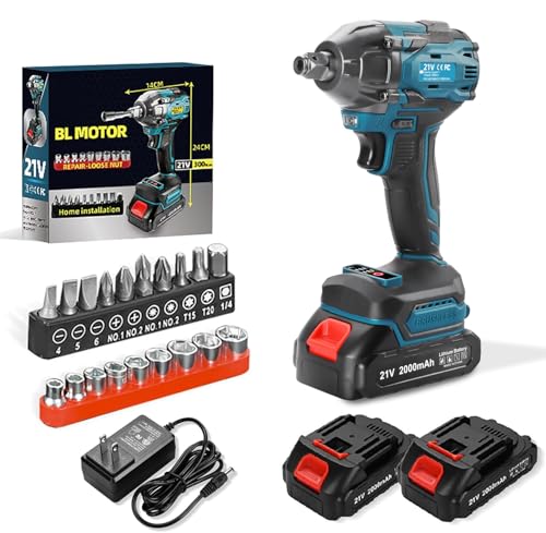 300N.m Cordless Impact Wrench, 21V Torque Power Impact Driver, 1/2" Brushless Impact Gun with 2*2.0Ah Batteries with 19 Accessories, Electric Impact Motor Variable Speeds for home installation (Blue)