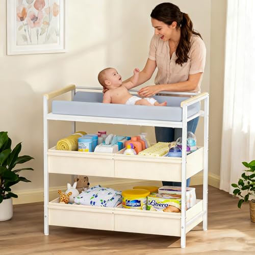 Cidaziya Baby Changing Table with Safety Bumper, Sturdy Diaper Change Station with Adjustable Devider in Large Storage Bin, Nursery Dresser for for Cloth Change, Baby Furniture Diaper Organizer,White