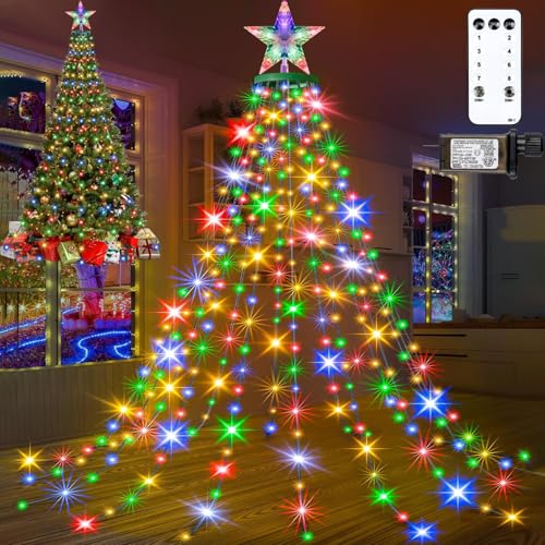 410LED Christmas Tree Lights with Star Topper, Christmas String Lights with Ring for Tree, 6.6FT x 16 Lines Fairy Twinkle Lights 8 Modes Timer Remote for Indoor Outdoor Xmas Tree Decor, Multicolor