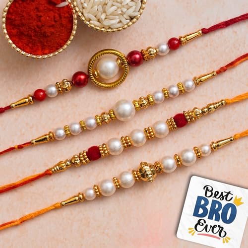 Image of eCraftIndia Set of 4 Red, Golden White Pearls Rakhis Best Bro Ever Fridge Magnet with Roli Chawal Pack - Rakhi for Brother, Bhaiya, Bhai