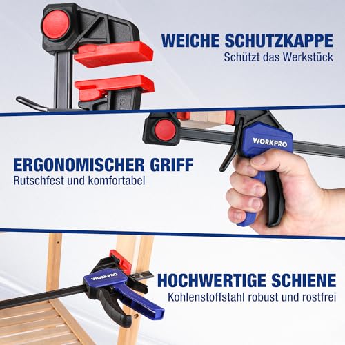 WORKPRO Einhandzwingen Set 6 Stück, 150mm Schraubzwinge Set Spannkraft 22,5kg/68kg, Spannweite 150mm, 4 Klassik & 2 Mini Schraubzwingen für präzises Fixieren und Holzarbeit