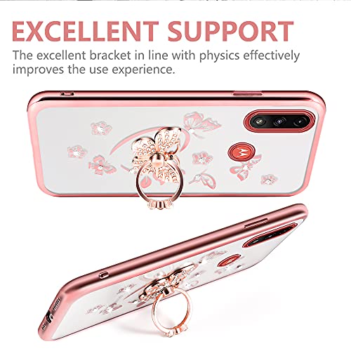 Yijing For Moto E7 2020 Phone Case, Flash Iris Series - Thin Luxury Shiny Rhinestone Transparent Tpu Case With Butterfly Diamond Ring Stand Moto E 2020 Case -Rose Gold #TOP1